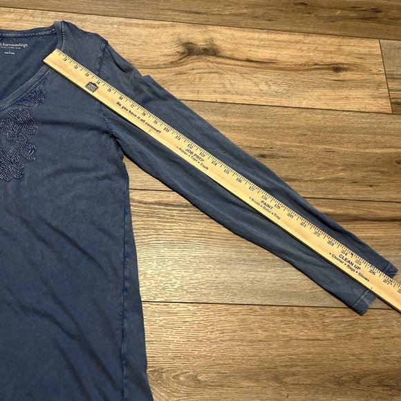 Soft Surroundings T Shirt SZ Large Blue Embroidered V Neck Long Sleeve India - Picture 7 of 10